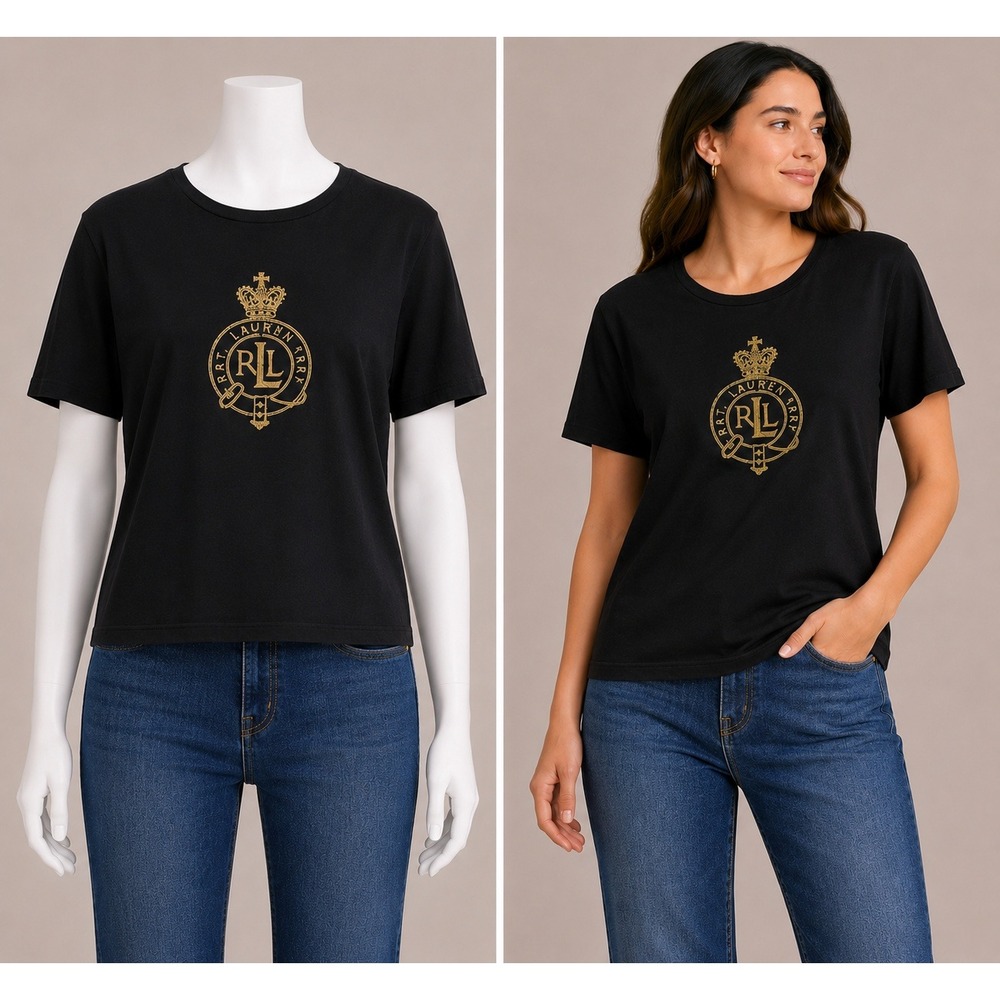 Vintage Y2K Lauren Ralph Lauren T Shirt Womens L Black Gold Crest Logo Cotton